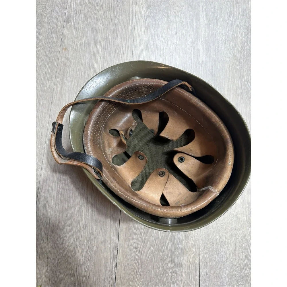 Vintage Military‎  Helmet With Leather Chinstrap & Lining Green Rare!!